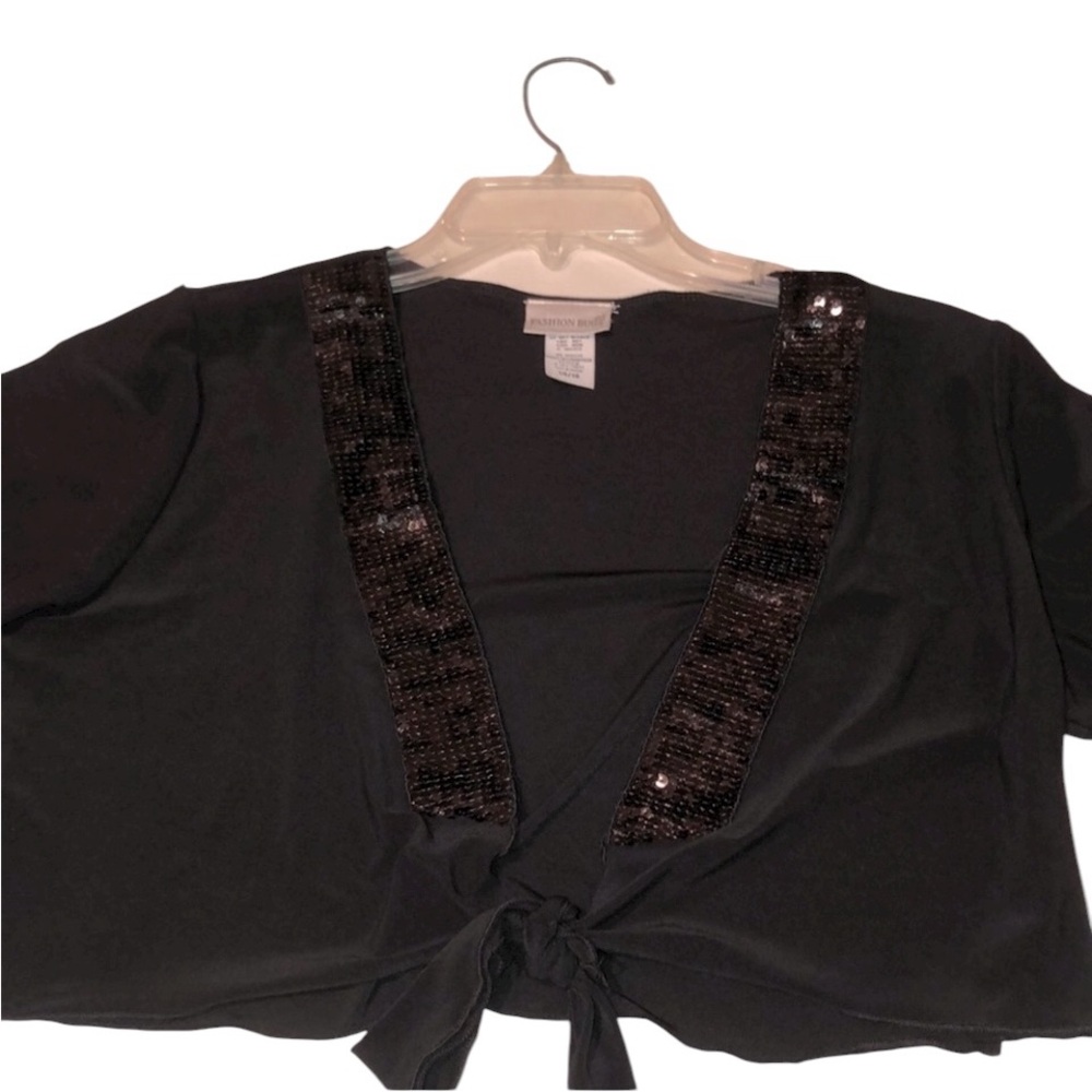Fashion Bug size 14 / 16 black shrug with sequin trim tie’s at waist